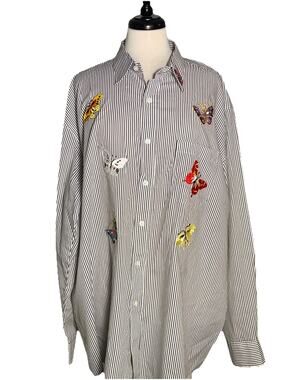 Vintage Mili Designs Stripe Button Down Butterfly / Rhinestone Blouse 1X
